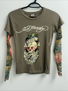 Vintage Ed Hardy Olive Graphic Skull Tattoo Sleeve Top